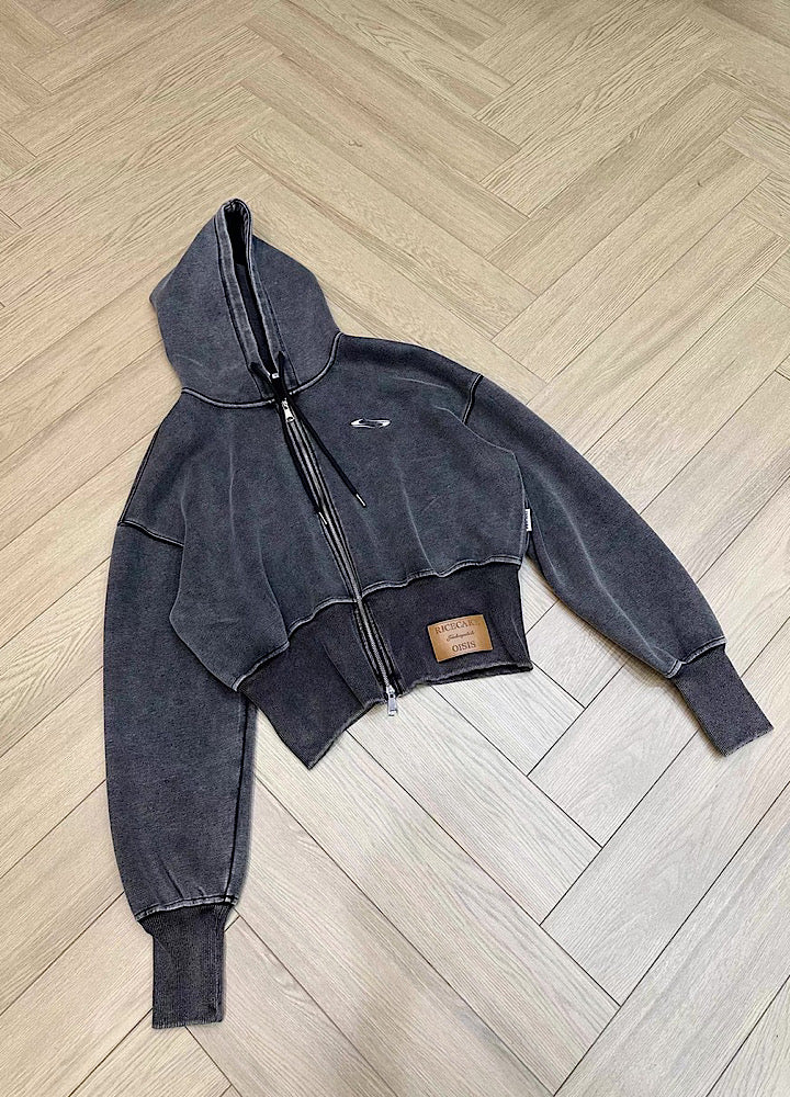 【9/5新作】Short silhouette design muted base color double zip hoodie  HL3193