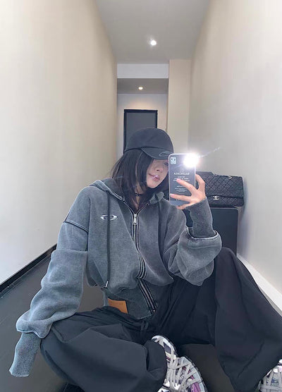 【9/5新作】Short silhouette design muted base color double zip hoodie  HL3193