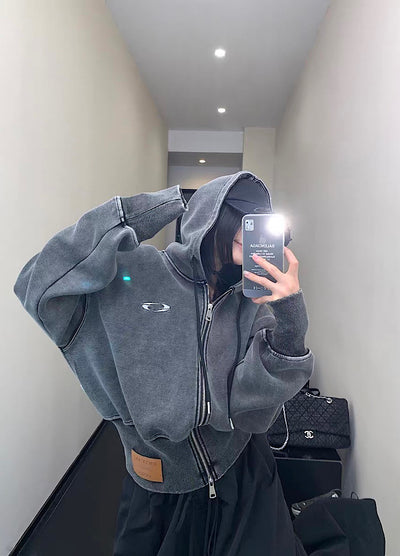 【9/5新作】Short silhouette design muted base color double zip hoodie  HL3193