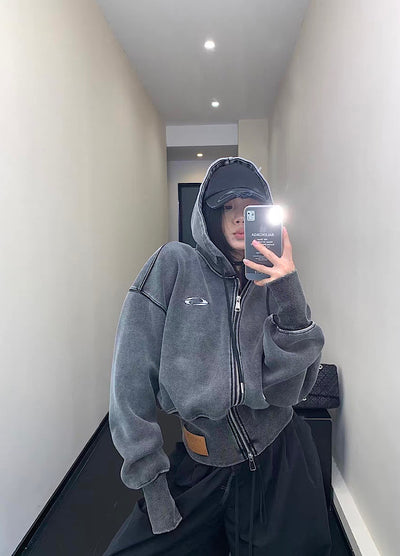 【9/5新作】Short silhouette design muted base color double zip hoodie  HL3193