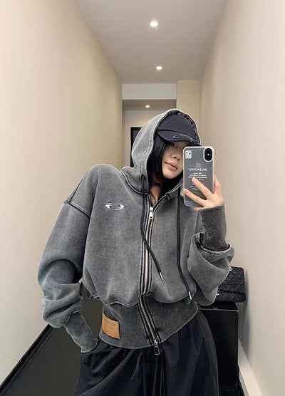 【9/5新作】Short silhouette design muted base color double zip hoodie  HL3193