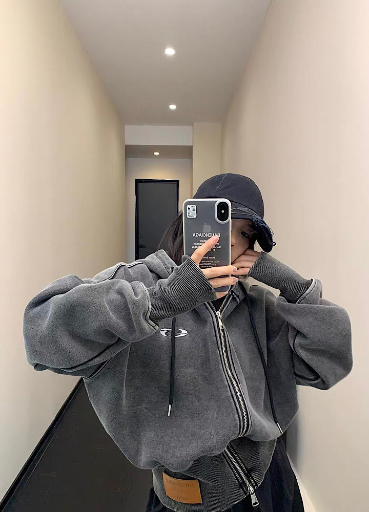 【9/5新作】Short silhouette design muted base color double zip hoodie  HL3193