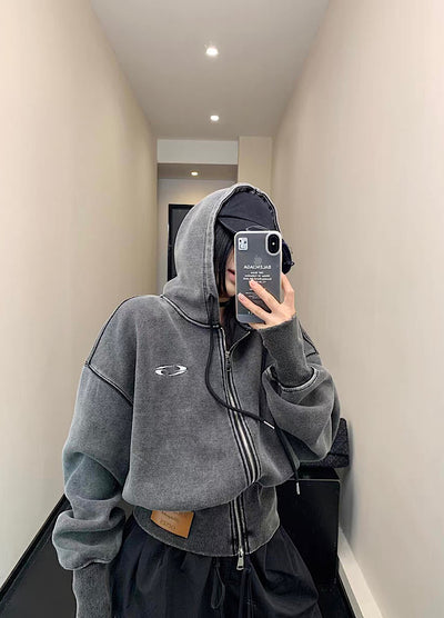 【9/5新作】Short silhouette design muted base color double zip hoodie  HL3193