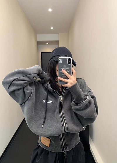 【9/5新作】Short silhouette design muted base color double zip hoodie  HL3193