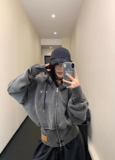 【9/5新作】Short silhouette design muted base color double zip hoodie  HL3193