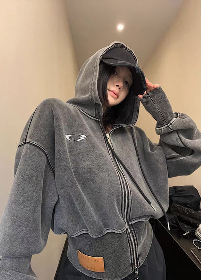 【9/5新作】Short silhouette design muted base color double zip hoodie  HL3193
