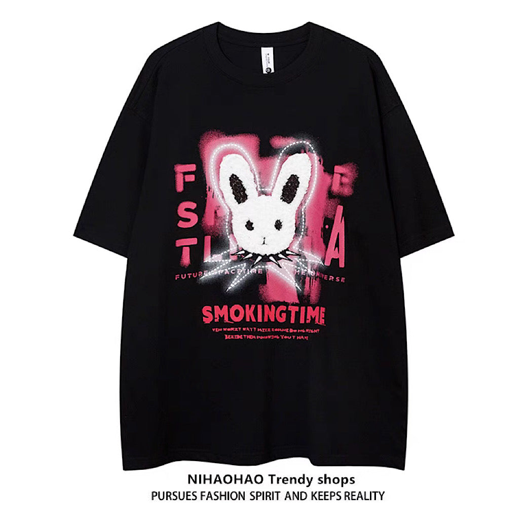 [NIHAOHAO] Punk rabbit design break short sleeve T-shirt NH0095
