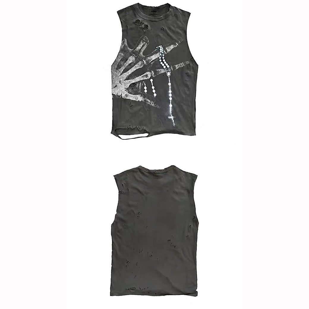 【9/5新作】Crystal Bone Hand Design Distressed Punk Sleeveless  HL3194