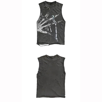 【9/5新作】Crystal Bone Hand Design Distressed Punk Sleeveless  HL3194