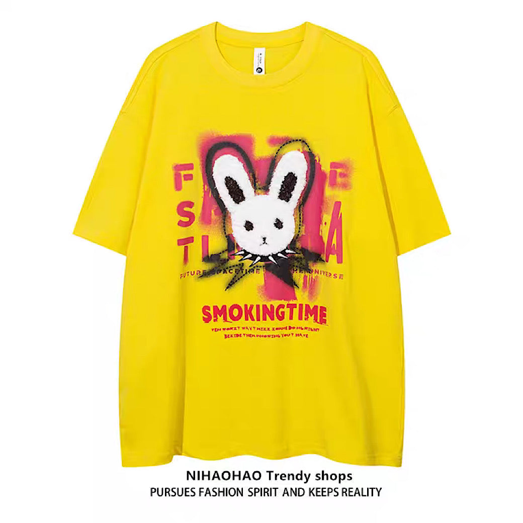 【NIHAOHAO】Punk rabbit design break short sleeve T-shirt  NH0095