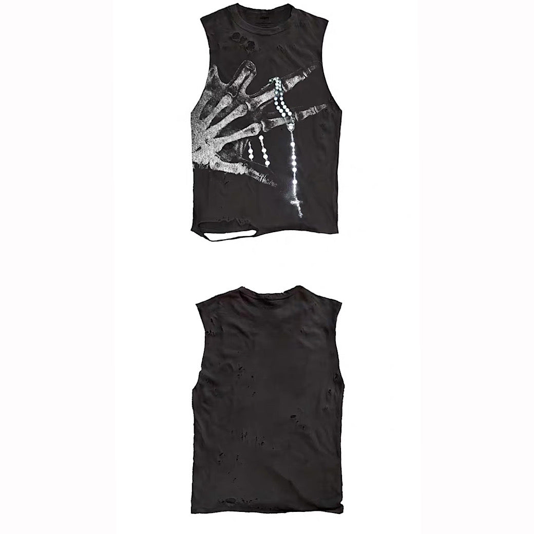 【9/5新作】Crystal Bone Hand Design Distressed Punk Sleeveless  HL3194