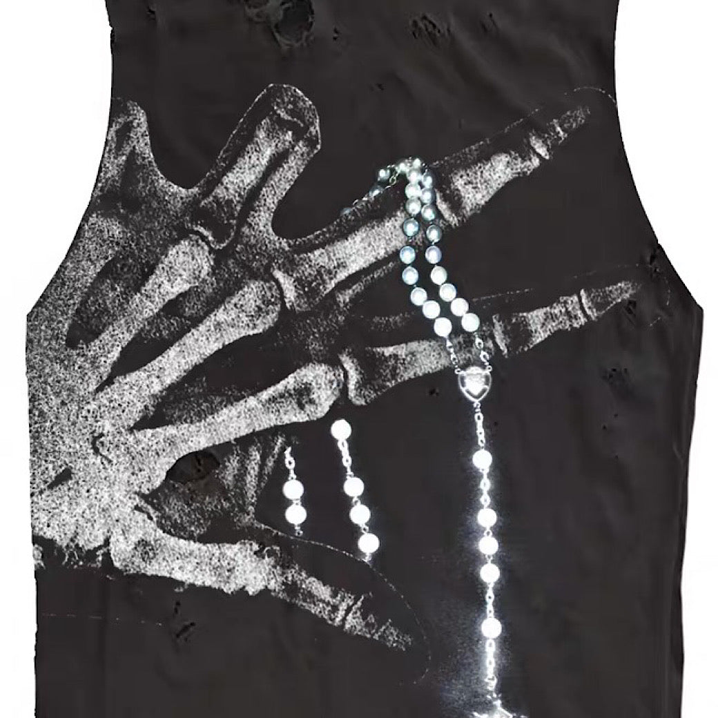 【9/5新作】Crystal Bone Hand Design Distressed Punk Sleeveless  HL3194