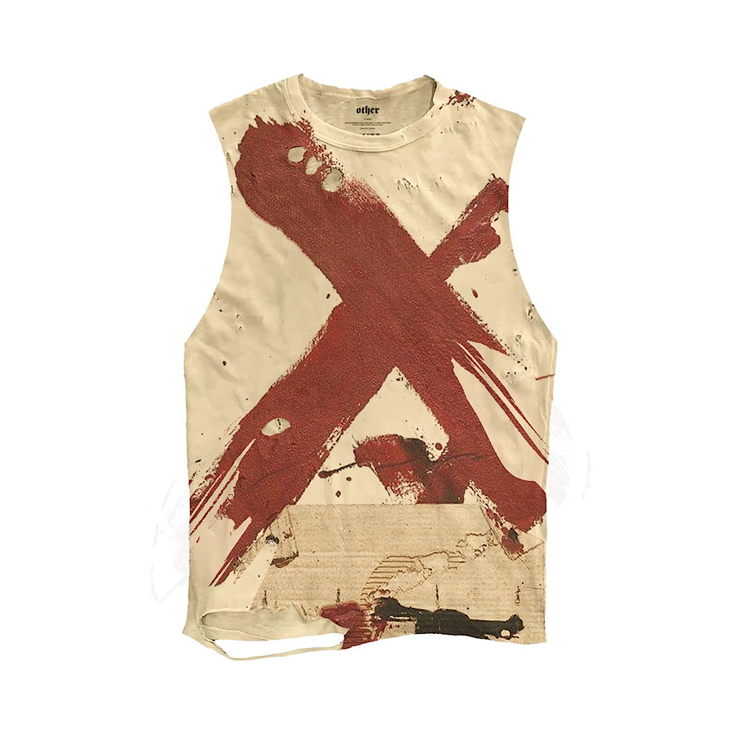 【9/5新作】Cross Red Paint Design Washed Sleeveless  HL3195