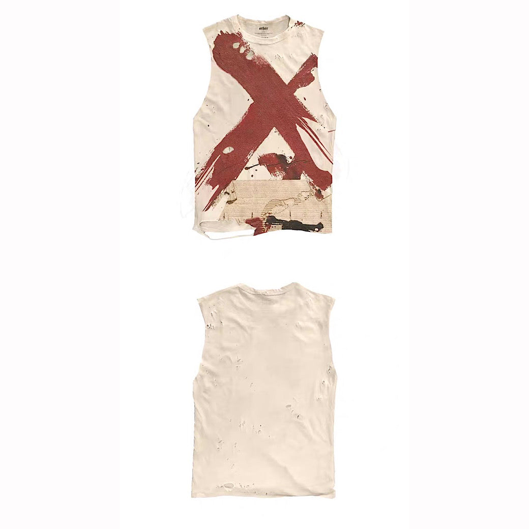 【9/5新作】Cross Red Paint Design Washed Sleeveless  HL3195