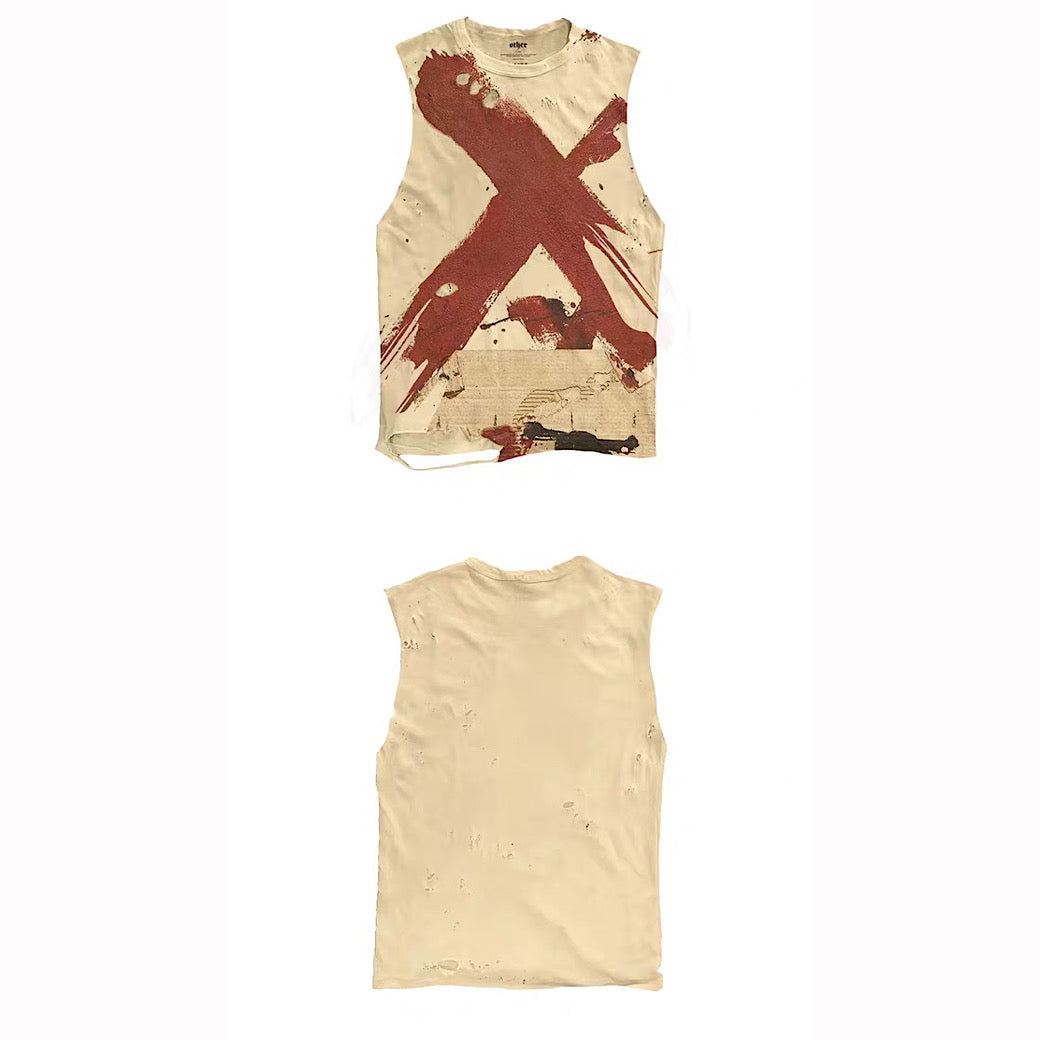 【9/5新作】Cross Red Paint Design Washed Sleeveless  HL3195