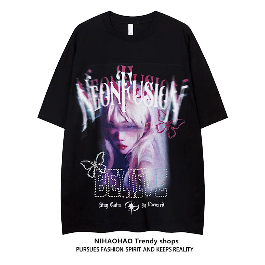 [NIHAOHAO] Distortion Graphic Girl Design Geometric Short Sleeve T-shirt NH0098