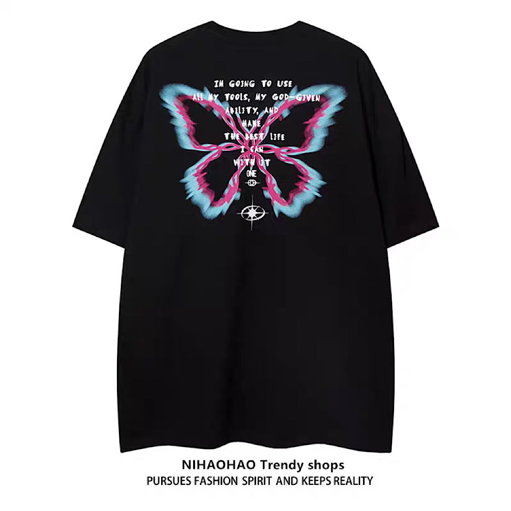 [NIHAOHAO] Distortion Graphic Girl Design Geometric Short Sleeve T-shirt NH0098