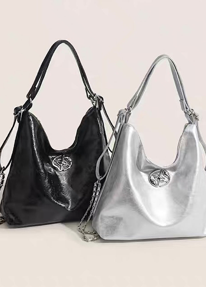 【9/5新作】Compact size silver attachment 2-way leather design bag  HL3200