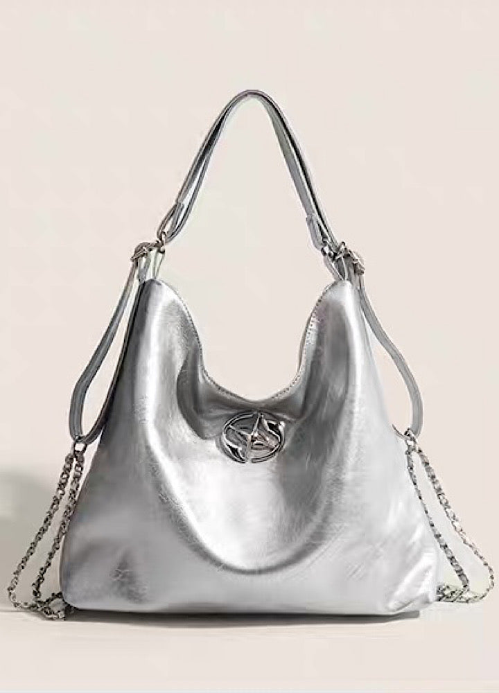 【9/5新作】Compact size silver attachment 2-way leather design bag  HL3200