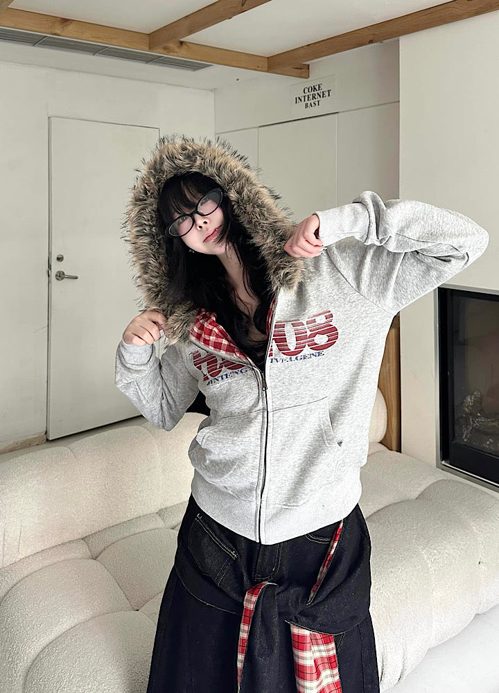 【Take off】Checkered lining fur hoodie Y2K jacket hoodie  TO0029