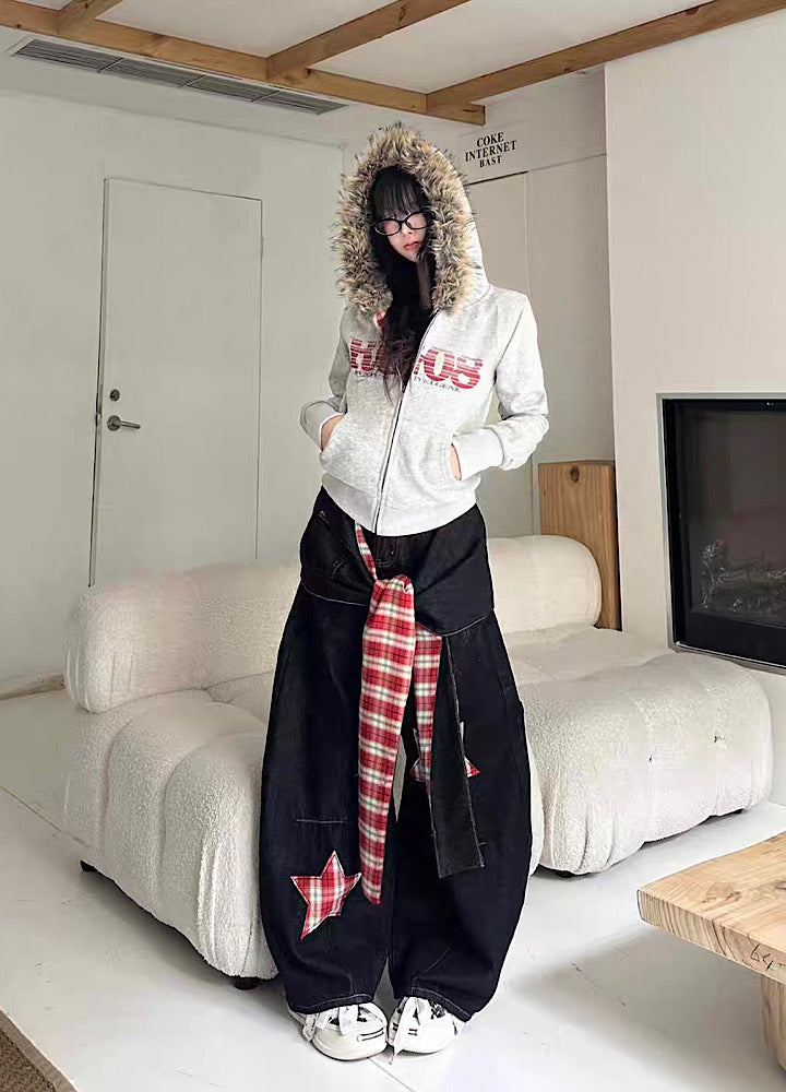 【Take off】Checkered lining fur hoodie Y2K jacket hoodie  TO0029