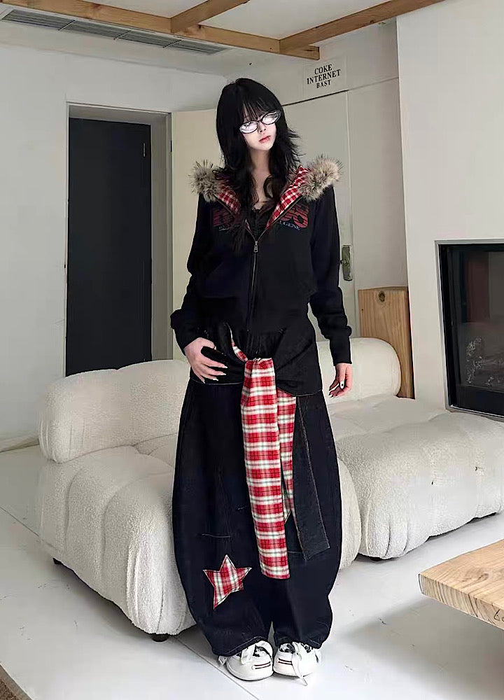 【Take off】Checkered lining fur hoodie Y2K jacket hoodie  TO0029