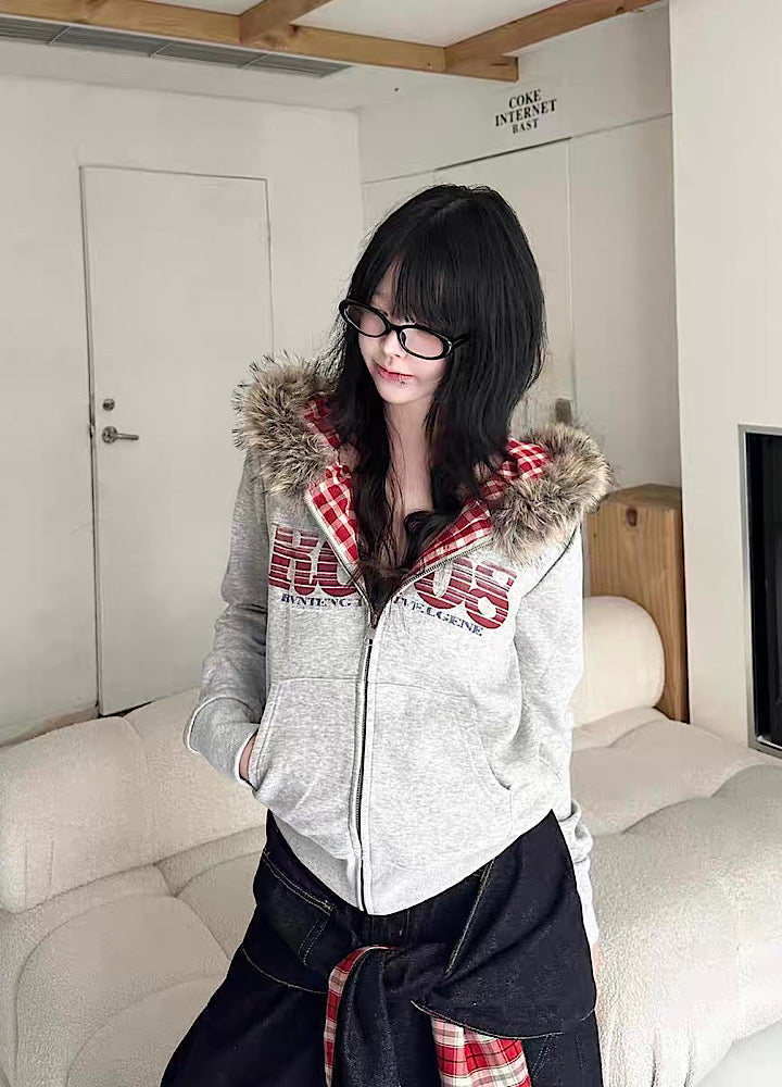 【Take off】Checkered lining fur hoodie Y2K jacket hoodie  TO0029