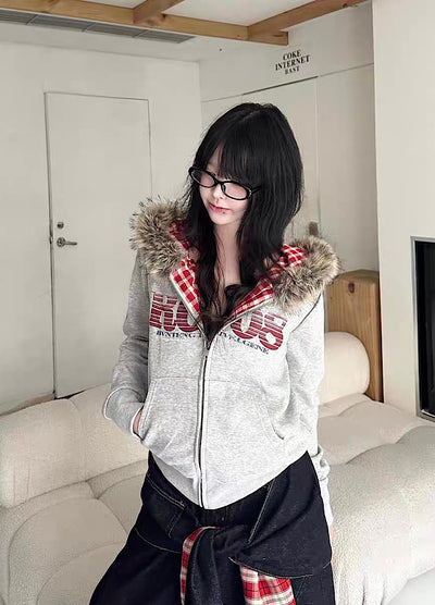【Take off】Checkered lining fur hoodie Y2K jacket hoodie  TO0029