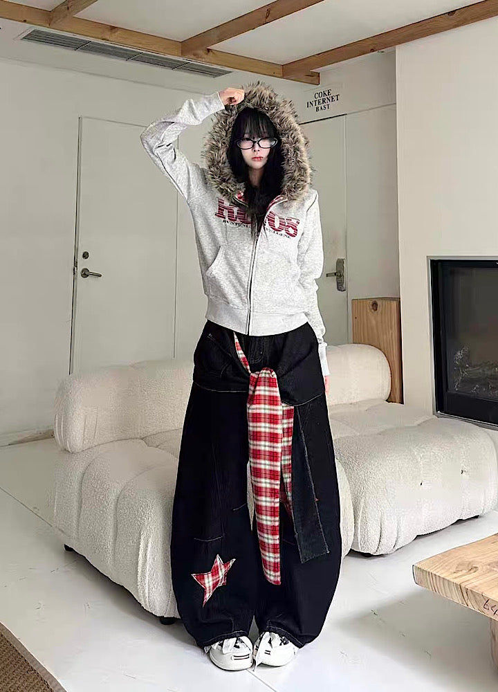 【Take off】Checkered lining fur hoodie Y2K jacket hoodie  TO0029