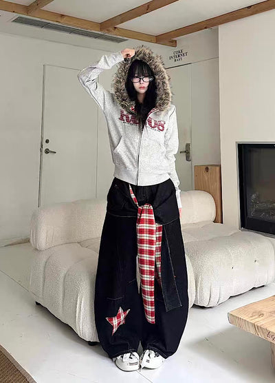 【Take off】Checkered lining fur hoodie Y2K jacket hoodie  TO0029