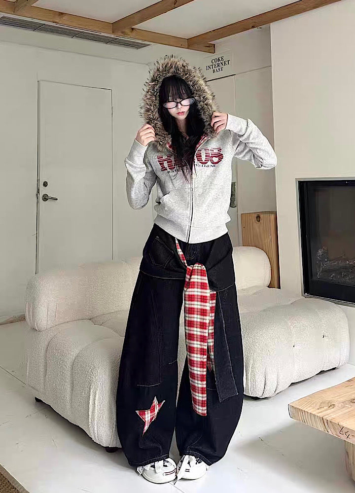 【Take off】Checkered lining fur hoodie Y2K jacket hoodie  TO0029