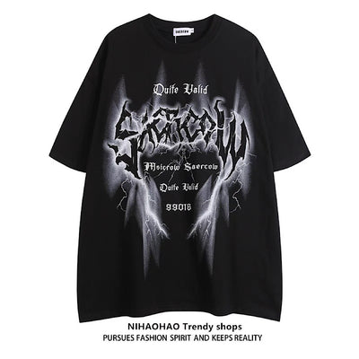 【NIHAOHAO】Subculture Thunder Initial Design Simple Short Sleeve T-shirt  NH0104