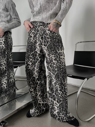 【SOULWORKER】Leopard print wash color design wide casual pants  SW0052