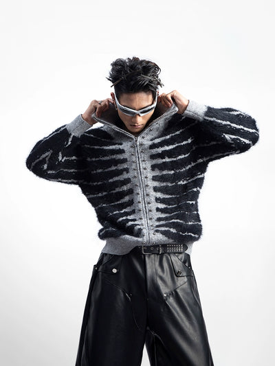 【PLAN1ONE】Devil bone design full zip tight silhouette knit sweater  PL0036