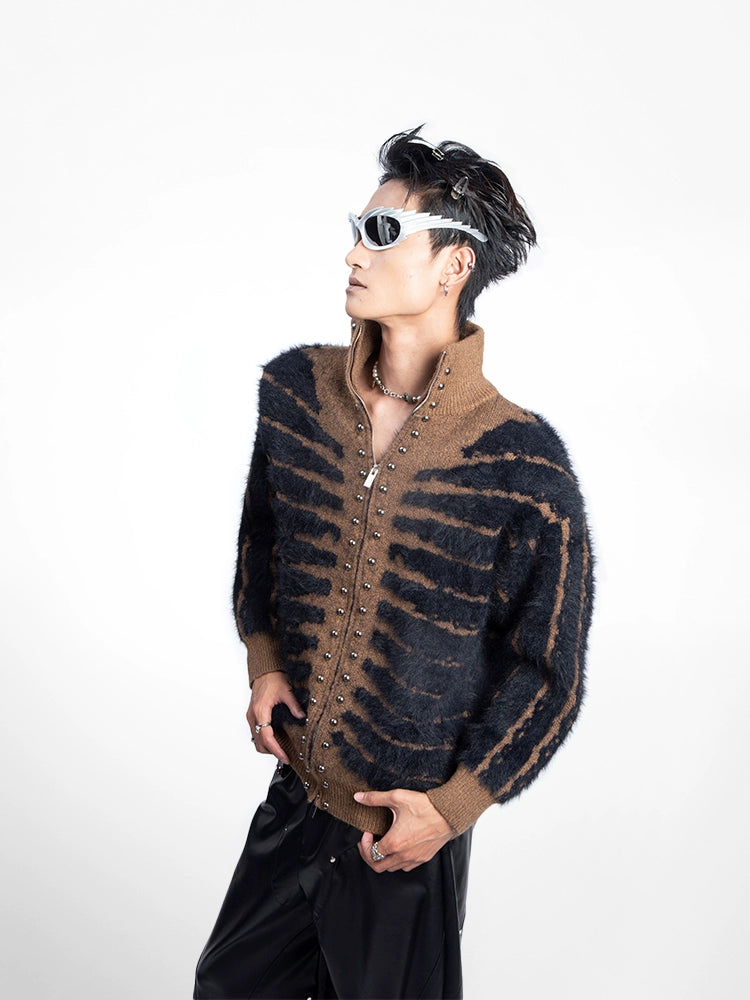 【PLAN1ONE】Devil bone design full zip tight silhouette knit sweater  PL0036