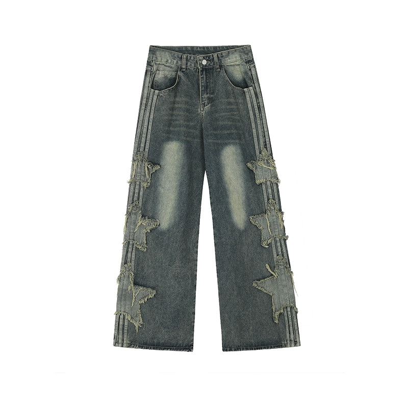 Rayohopp] Side three damage star line wide denim pants RH0098 – HI 