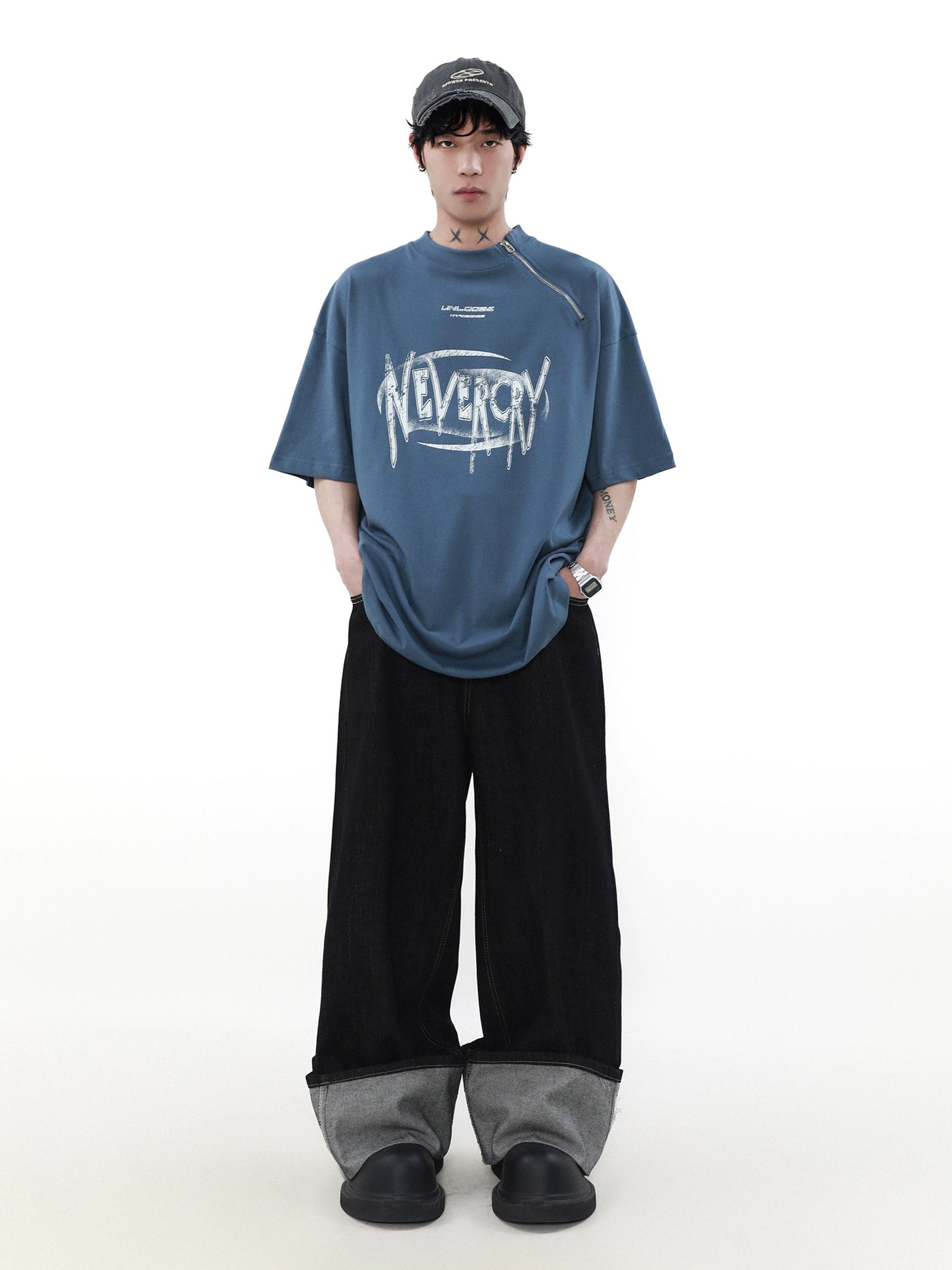 【MR nearly】diagonal zipper design short sleeve t-shirt  MR0083
