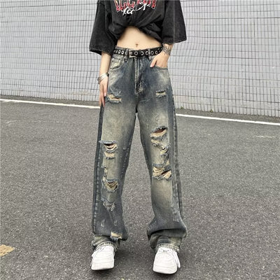 【4/26再販】Vintage grunge strike mid-length distressed wide denim pants  HL3144