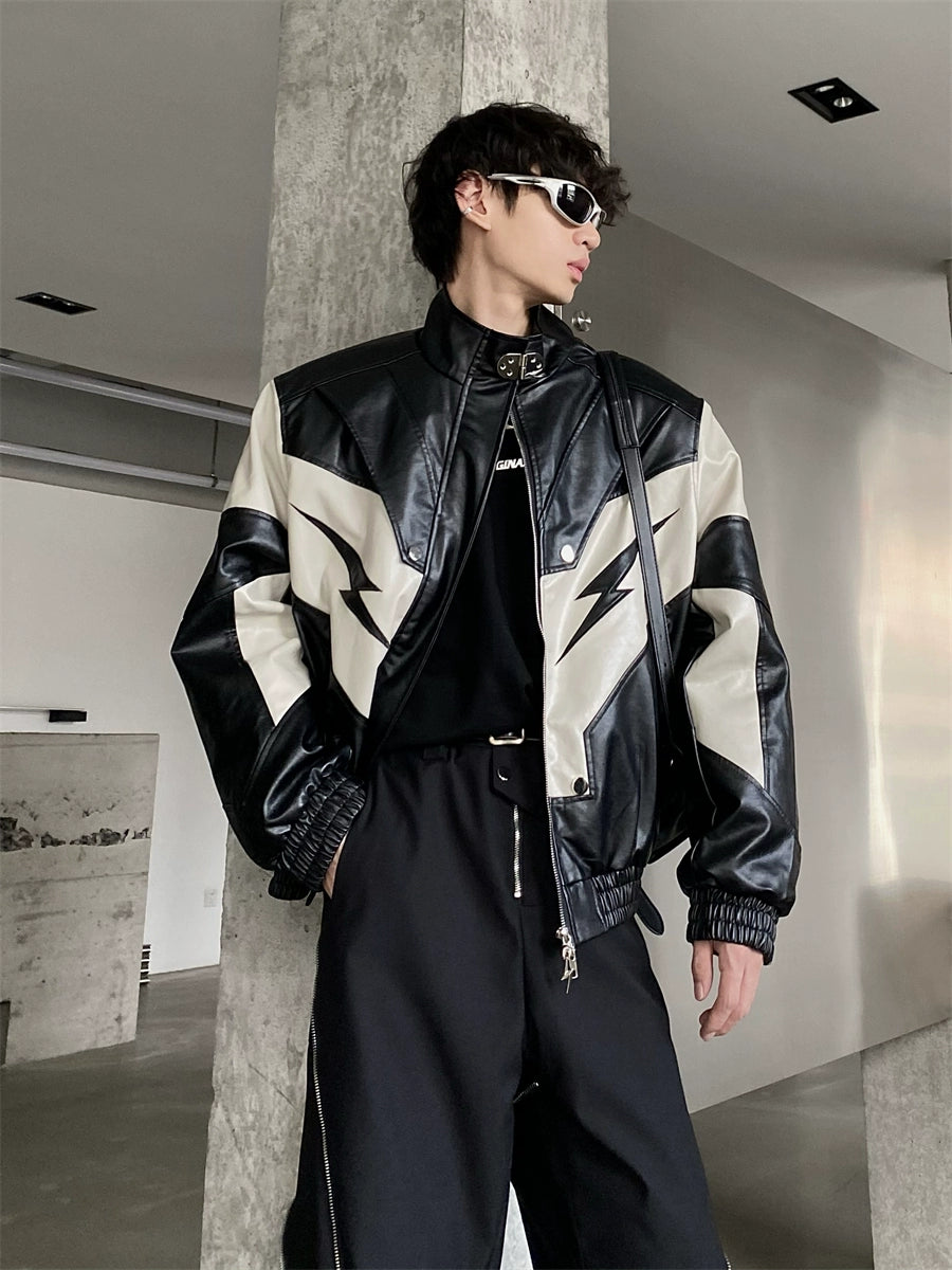 【MARTHENAUT】Monotone Color Thunder Design Leather Jacket  MH0015