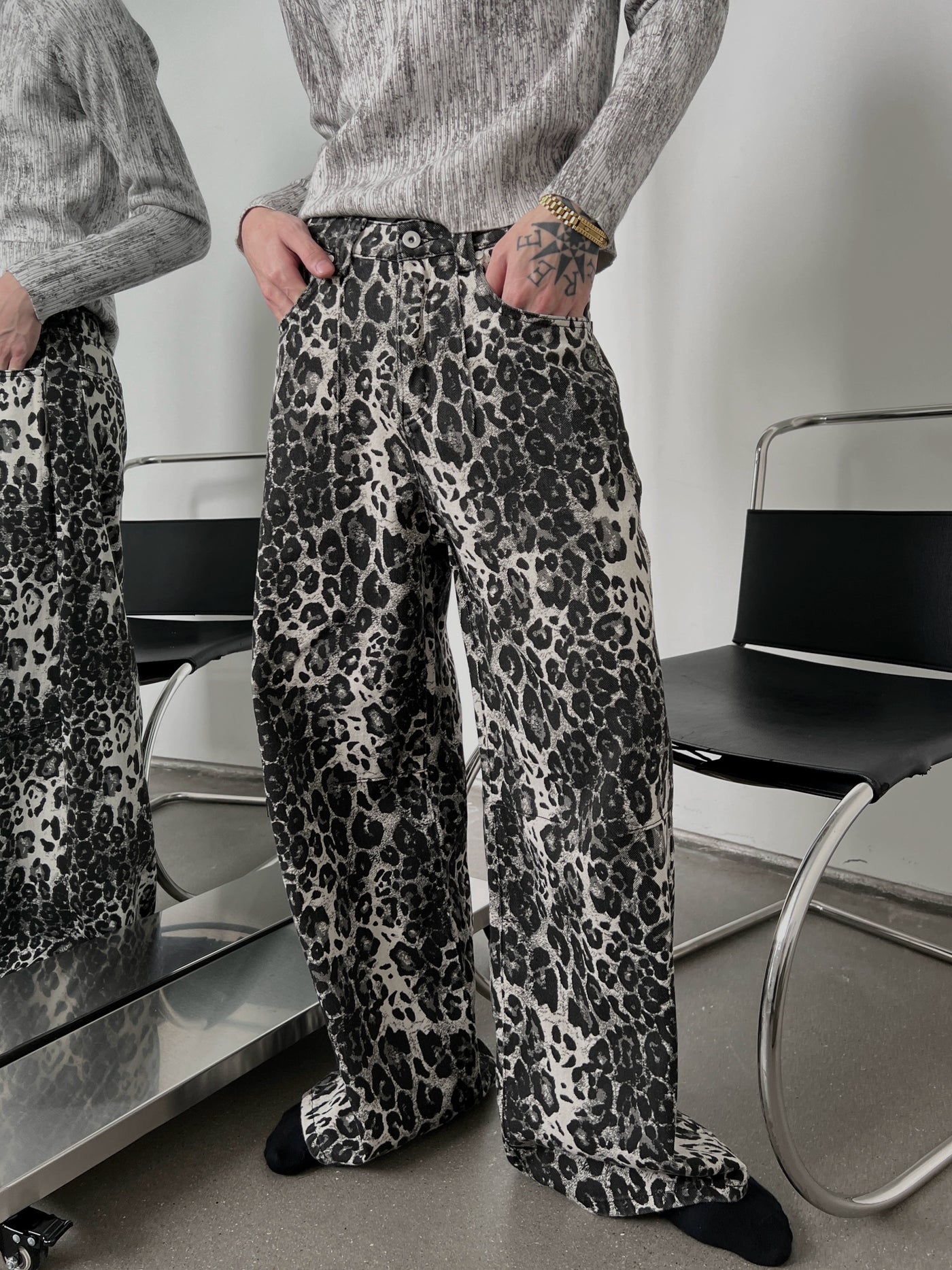 【SOULWORKER】Leopard print wash color design wide casual pants  SW0052