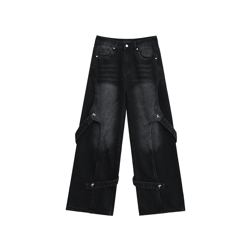 [CUIBUJU] Cross gimmick design wide straight wash denim pants CB0034
