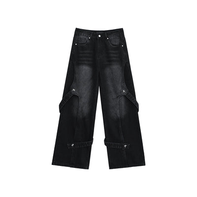 [CUIBUJU] Cross gimmick design wide straight wash denim pants CB0034