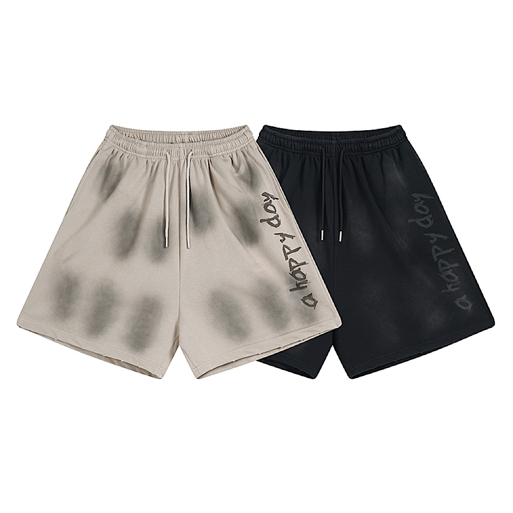【H GANG X】Fully washed initial design mid-length shorts  HX0117