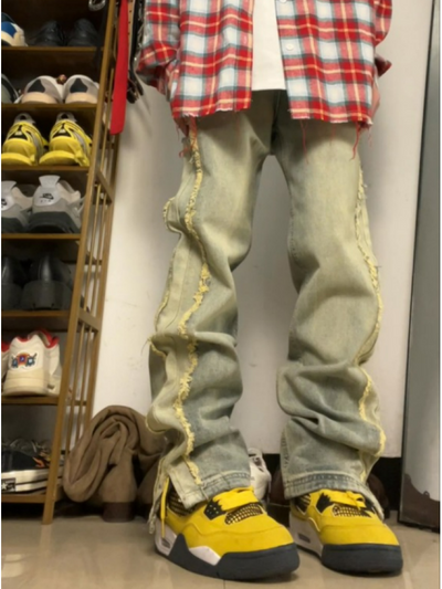 【F383】Yellow raw edge straight jeans  FT0039