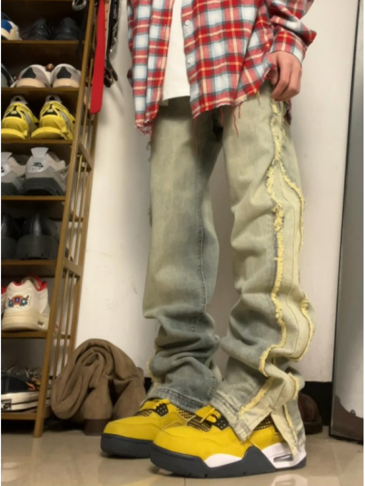【F383】Yellow raw edge straight jeans  FT0039