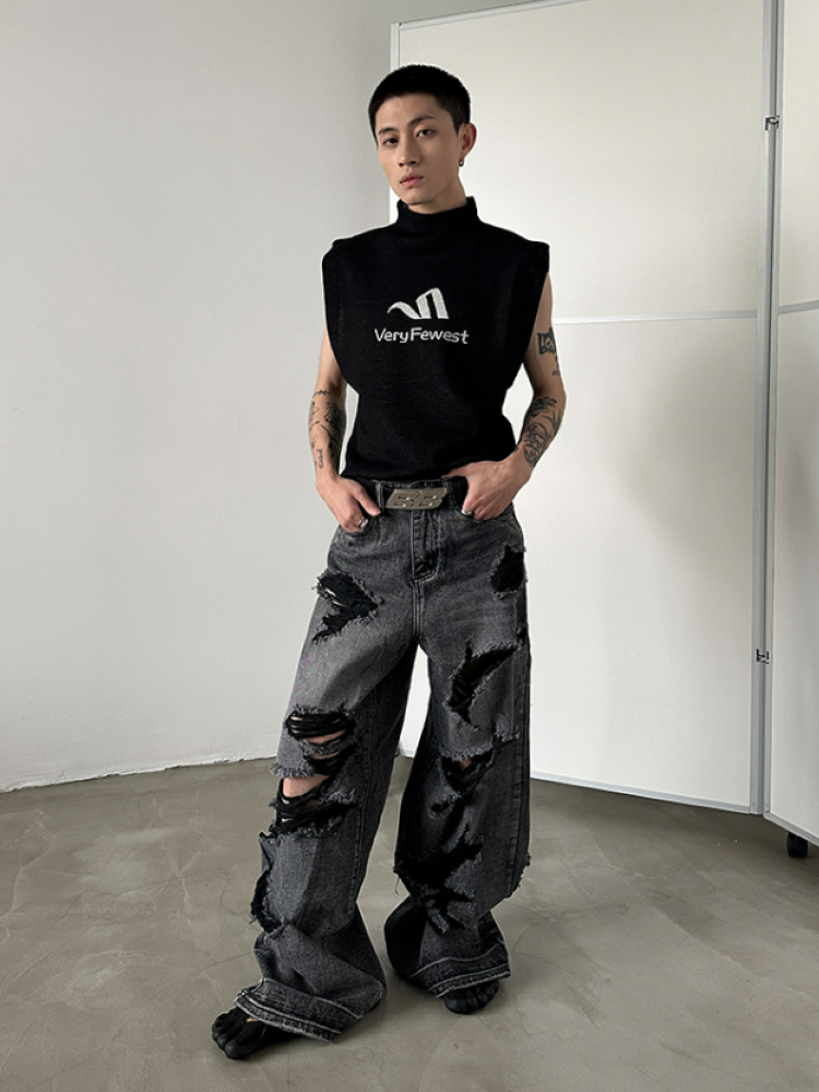 Very Fewest】Distressed washed wide denim jeans VF0001 – HI