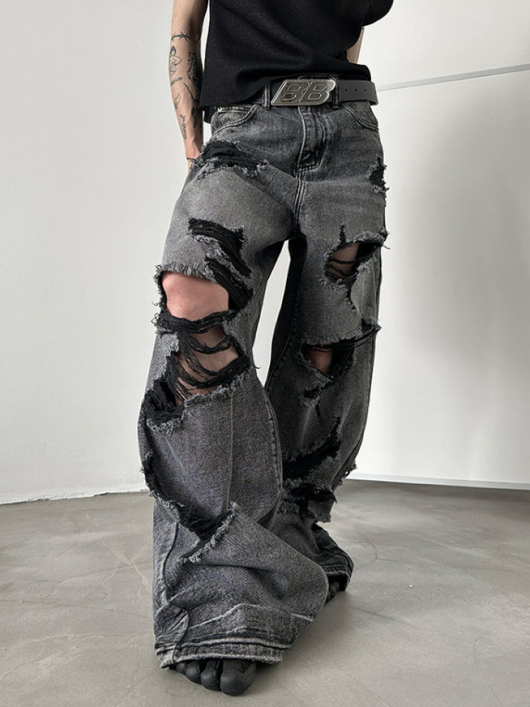 【Very Fewest】Distressed washed wide denim jeans  VF0001