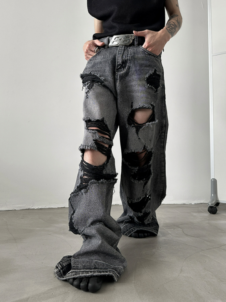 Very Fewest】Distressed washed wide denim jeans VF0001 – HI