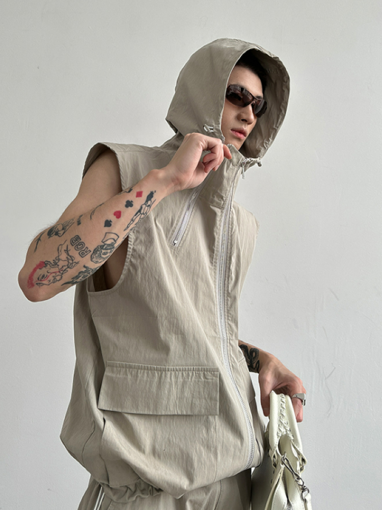 【Very Fewest】Multi-pocket hooded vest & wide pants setup  VF0002