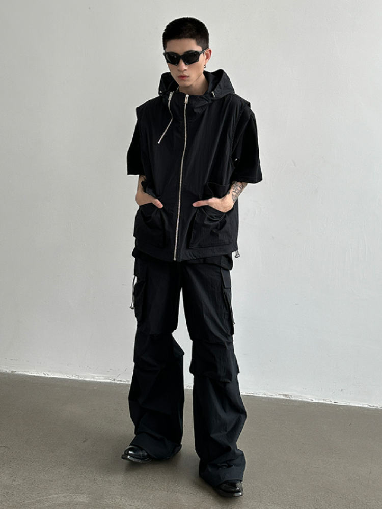 【Very Fewest】Multi-pocket hooded vest & wide pants setup  VF0002